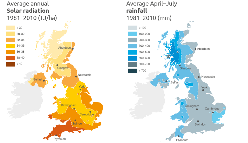 UK maps showing average solar radiation and rainfall